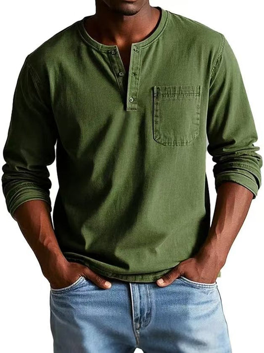 V-neck Long-sleeved T-shirt With Button Design Fashion Casual Solid Color Pullover Top Men's Clothing