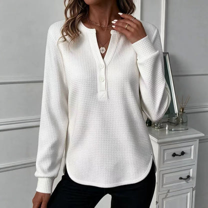 Elegant Long Sleeve V-Neck Button T-Shirt Women's | Waffle Pattern