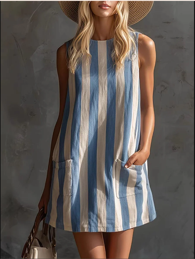 New Vintage Striped Sleeveless Round Neck Cotton Linen Mini Dresses Spring Summer Casual Dress