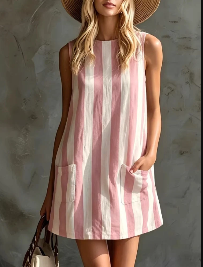 New Vintage Striped Sleeveless Round Neck Cotton Linen Mini Dresses Spring Summer Casual Dress