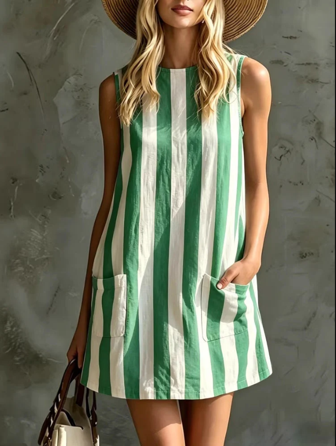 New Vintage Striped Sleeveless Round Neck Cotton Linen Mini Dresses Spring Summer Casual Dress