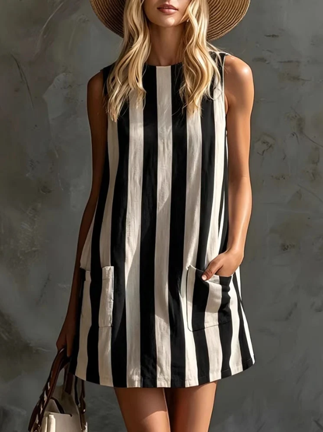 New Vintage Striped Sleeveless Round Neck Cotton Linen Mini Dresses Spring Summer Casual Dress