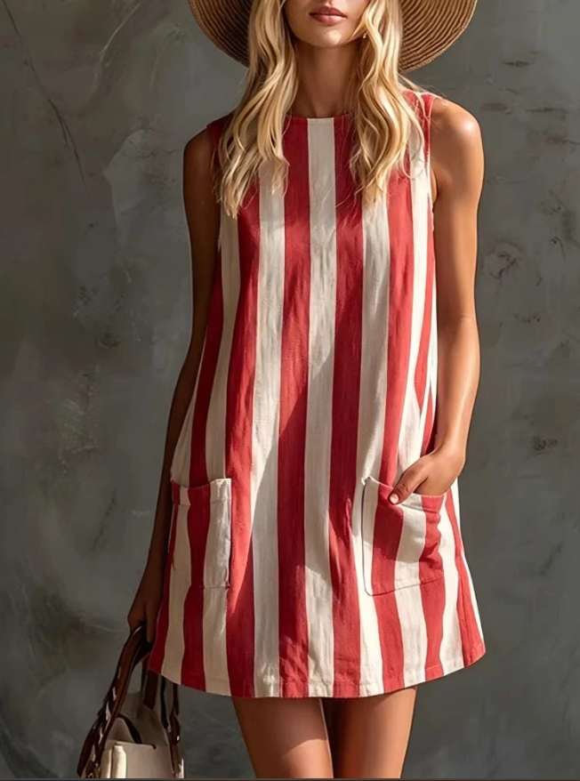 New Vintage Striped Sleeveless Round Neck Cotton Linen Mini Dresses Spring Summer Casual Dress