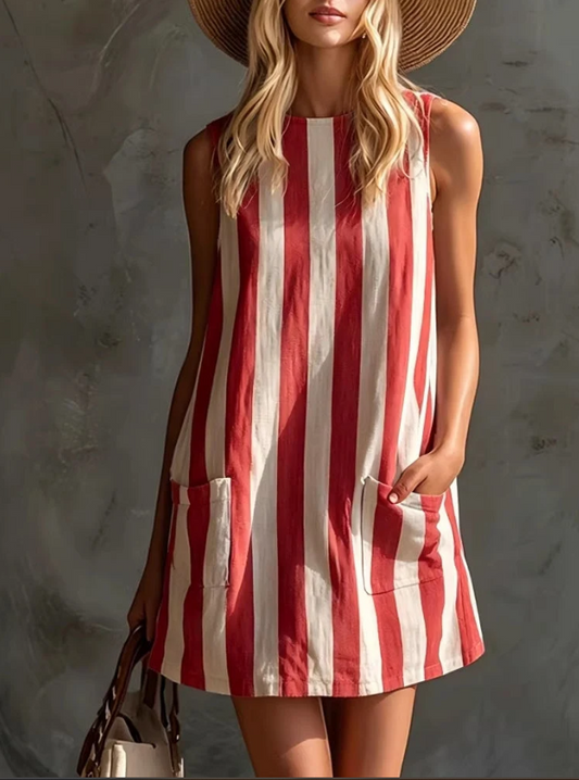 New Vintage Striped Sleeveless Round Neck Cotton Linen Mini Dresses Spring Summer Casual Dress
