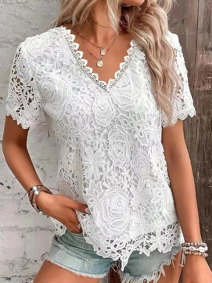 Elegant Lace V-Neck White Blouse for Women